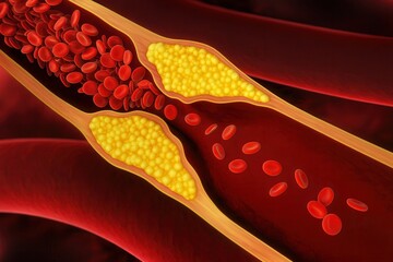 Detailed 3D rendering of human artery with severe cholesterol plaque and reduced blood flow,concept of atherosclerosis,vascular obstruction,cardiovascular medical health problem illustration