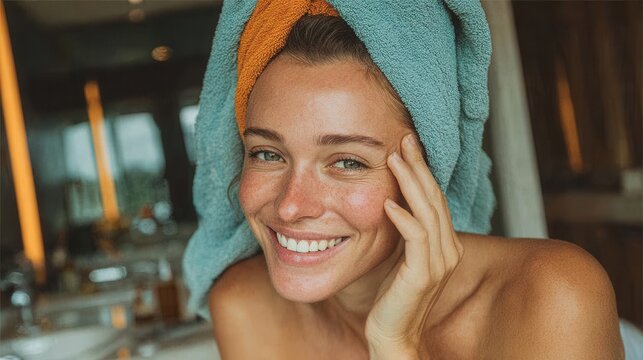 A cheerful young woman with a towel on her head smiles in a bright bathroom. The setting conveys relaxation and self-care. - Powered by Adobe