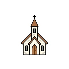 Flat stylized small countryside church with cross, brown roof, flat cartoon design, white background