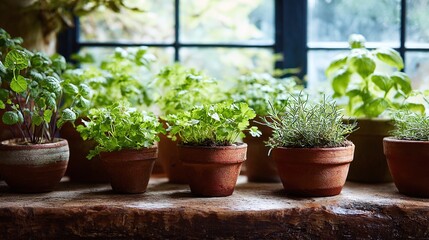 Indoor herb garden featuring various culinary herbs in terracotta pots on a wooden windowsill. A natural light source adds to the homey feel.