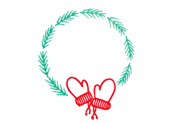 A hand-drawn Christmas wreath of fir branches and red mittens. Perfect for holiday greetings and winter designs, provided on a transparent background.