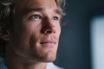 Fototapeta premium A close-up portrait of a young man with blue eyes, reflecting deep thoughts in a softly lit environment. Ideal for themes of contemplation and introspection.