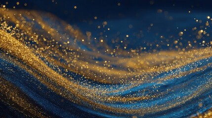 Shimmering Golden Glitter Waves on Dark Blue Textured Background