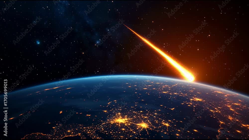 Poster planet earth rotating slowly with illuminated cities visible at night and a large, bright meteor ent