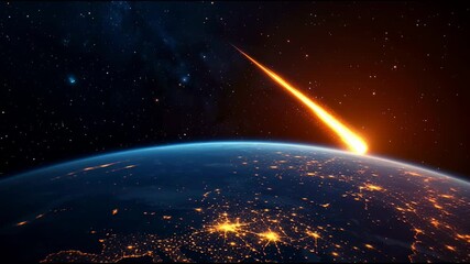 Planet earth rotating slowly with illuminated cities visible at night and a large, bright meteor entering the atmosphere, creating a fiery trail