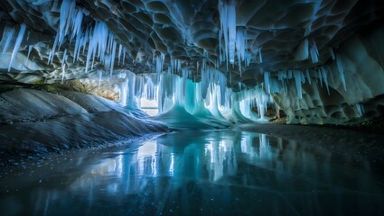Frozen cave icicles reflecting blue light