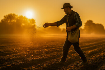 Farmer planting seeds during sunrise in golden light