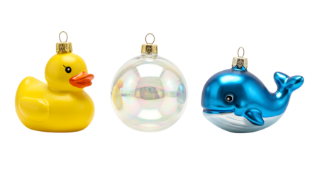 Yellow rubber duck, clear bubble, and blue whale Christmas ornaments on white background, perfect for holiday decoration and festive themes