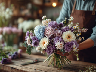 Hands of a Florist woman in an apron make a bouquet in the flower salon Close up.