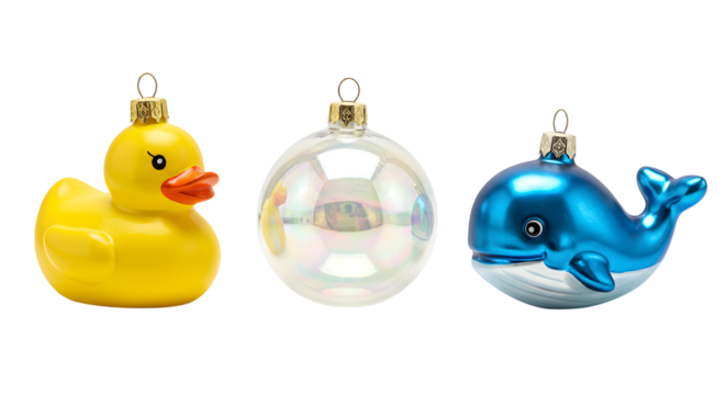 Yellow rubber duck, clear bubble, and blue whale Christmas ornaments on white background, perfect for holiday decoration and festive themes