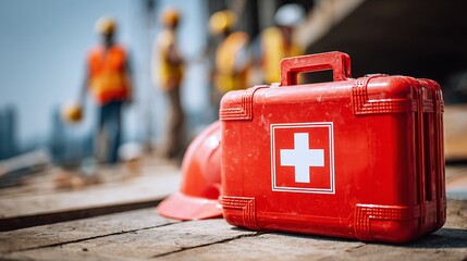 Construction Site Safety: First Aid Kit & Hard Hat. Keeping workers safe with emergency medical supplies.