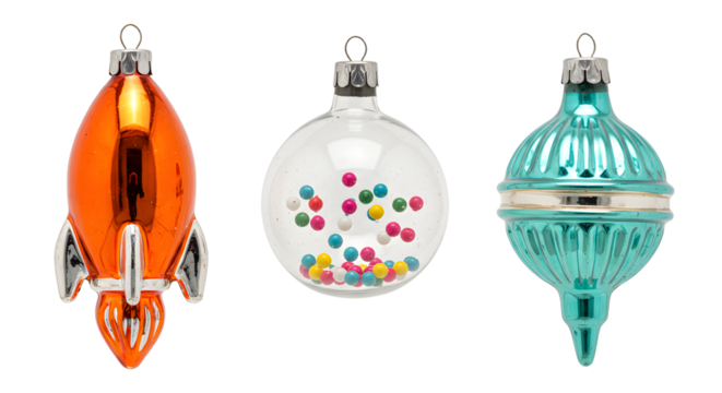 Vintage glass Christmas ornaments in retro rocket, round with multicolor dots, and teal striped teardrop shapes, perfect for holiday decoration