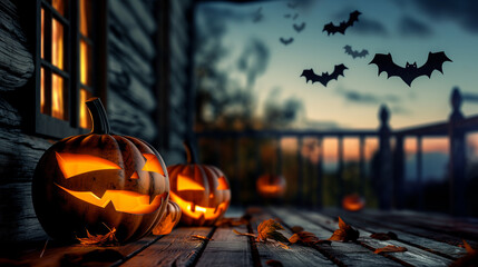Eerie Jack-o'-Lanterns Illuminating Dark Porch with Bat Swarm, Realistic Halloween Scene