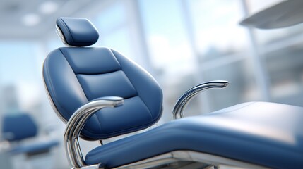 A bright dark blue dental chair white soft background. 1