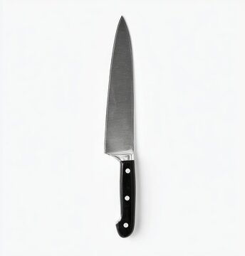 A long, slender chef's knife with a stainless steel blade and a black, riveted handle rests on a plain white background