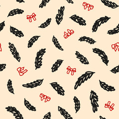 Obraz premium Seamless pattern with abstract pine tree branches and tied bows. New Year background with hand drawn elements. Chalk graphics. Background with linocut leaves. Vector illustration.