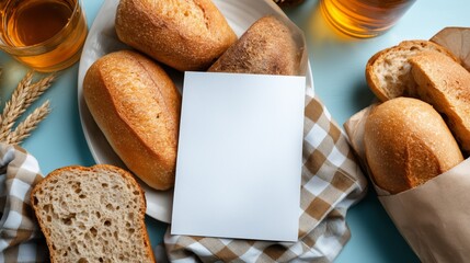 A big blank white A4 paper restaurant lunch menu mock-up surrounded by freshly baked bread. 1
