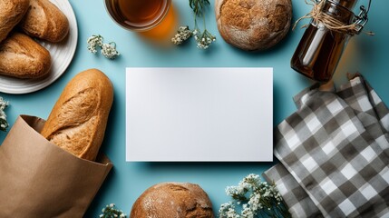 A big blank white A4 paper restaurant lunch menu mock-up surrounded by freshly baked bread. 2