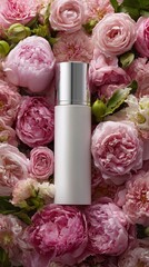 A white cosmetics jar on a bed of soft, lush, pink peonies, roses, and green leaves. 2