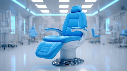 A bright dark blue dental chair white soft background. 2