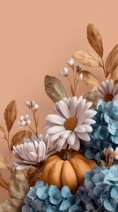 A warm background, with an orange pumpkin surrounded by watercolor flowers and leaves. 2