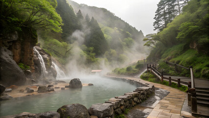 Rain at a Hidden Mountain Hot Spring – Warm steam rising as cool rain falls.