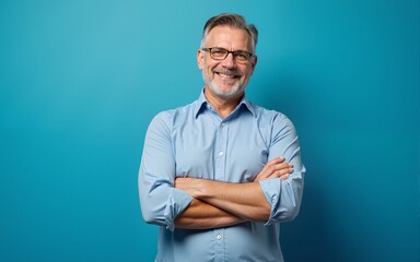 Happy mature man in his forties wearing casual shirt standing isolated on blue background. Smiling middle aged professional businessman looking at camera with arms crossed, portrait. High quality