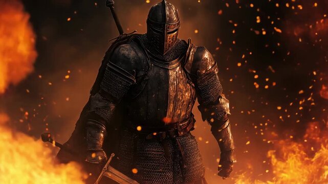 A knight in shining armor prepares for battle in a fiery environment, showcasing resilience and strength