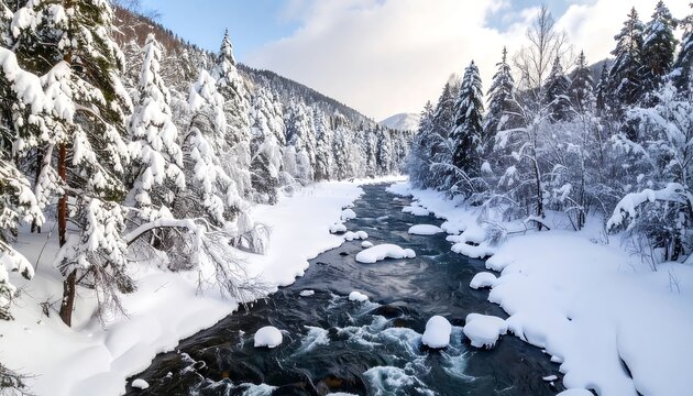 Snowy river winding through a frosted forest