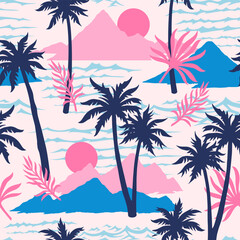 Naklejka premium Tropical landscape with mountains and palm trees