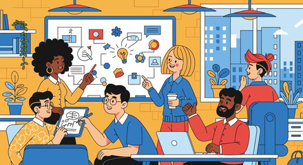 Diverse Team Brainstorming Ideas in a Modern Office Setting.