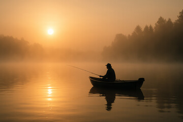 Man fishing alone in a tranquil misty lake at sunrise