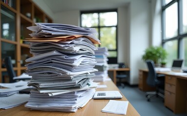Piles of paperwork in the office. High quality