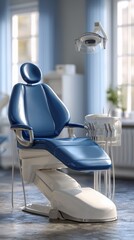 A bright dark blue dental chair white soft background. 3