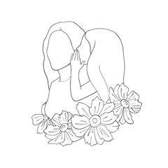 Daughter whispers in mother ear. Girl, mom, flowers. Graphic vector illustration, sketch line art. Mother's, Daughter's Day holiday. Greeting card, psychological article, children care product design
