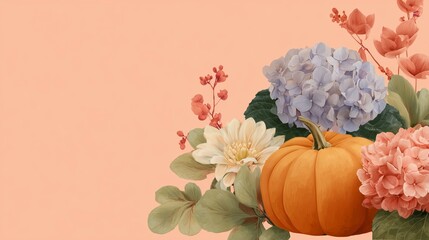 A warm background, with an orange pumpkin surrounded by watercolor flowers and leaves. 4