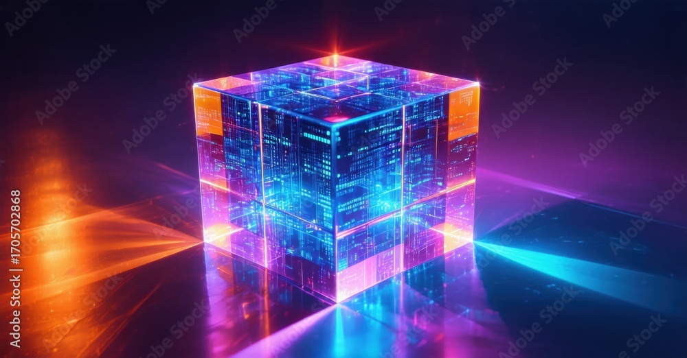 Poster glowing cube radiates vibrant light. digital structure suggests futuristic technology, complex data 