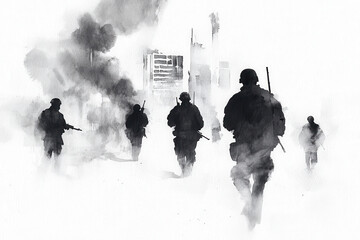 Dramatic ink wash painting depicting soldiers in war scene, showcasing their silhouettes against smoky urban backdrop