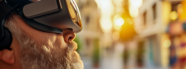 Man wearing virtual reality headset in urban setting during sunset