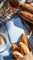 A big blank white A4 paper restaurant lunch menu mock-up surrounded by freshly baked bread. 3