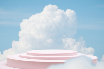 Minimal podium table top in outdoor on blue sky white cloud background.Beauty cosmetic product placement pedestal modern stand display,surreal paradise dreamy concept.