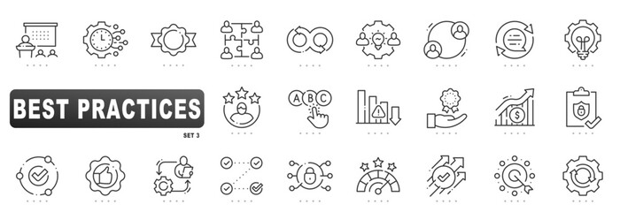 Best practices icons illustrating standards, workflow, checklist, optimization, compliance, audit, training, collaboration, communication, strategy, management, outline, editable stroke
