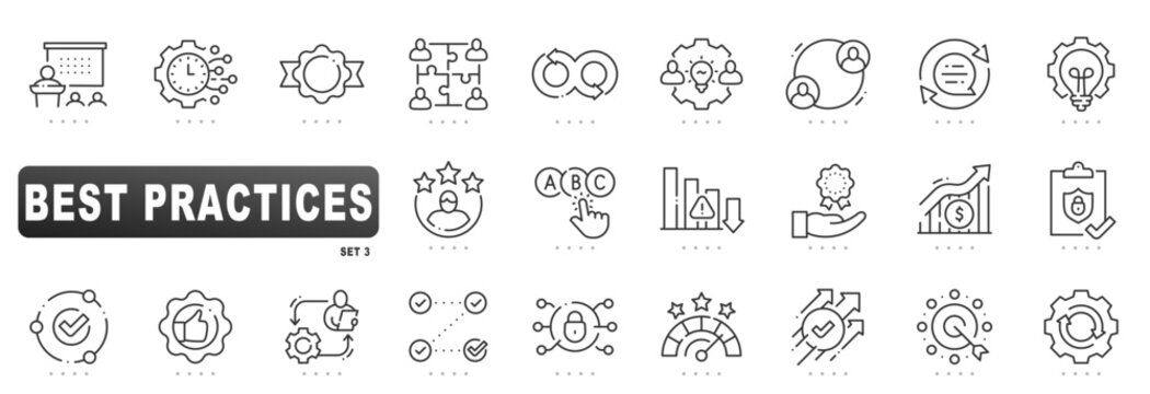 Best practices icons illustrating standards, workflow, checklist, optimization, compliance, audit, training, collaboration, communication, strategy, management, outline, editable stroke