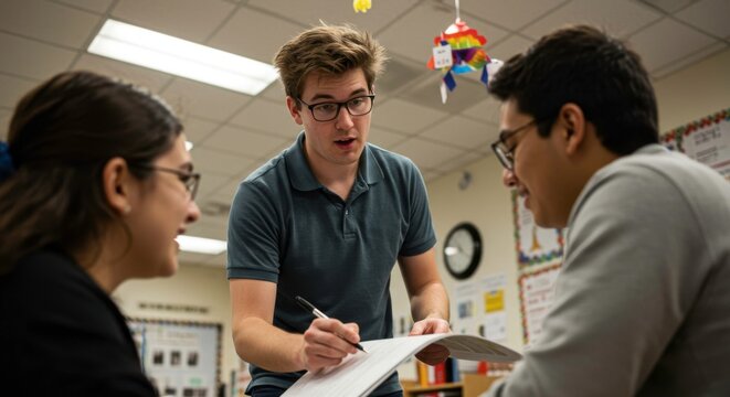 A dedicated young teacher guides two students in collaborative learning environment within a