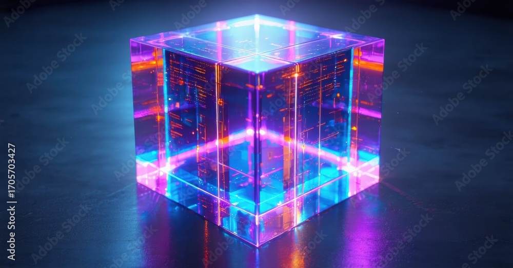 Poster glowing cube, vibrant colors, digital patterns visible inside. futuristic design, dark background en