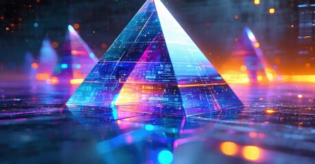 Futuristic pyramid glows, vibrant colors radiate. Digital network visible within structure. Cityscape blurred background. Intense light effects present.