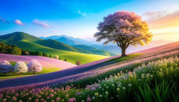 Flowering Tree on Rolling Wildflower Hills at Sunrise