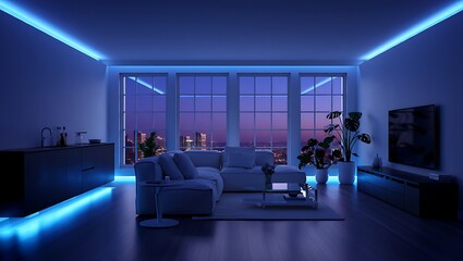 Modern apartment interior with blue LED lighting and city view creating a luxurious atmosphere