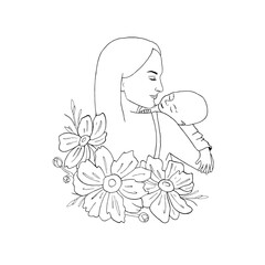 Mother hugs sleeping baby. Mom holds newborn child. Graphic vector illustration, line art with bud of Anemone flowers for Mother Day holiday, birth of child greeting card, maternity hospital design