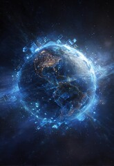 A digitally enhanced Earth, glowing with icy-blue energy bursts and data streams, set against a dark space backdrop, showcasing North and Central America prominently